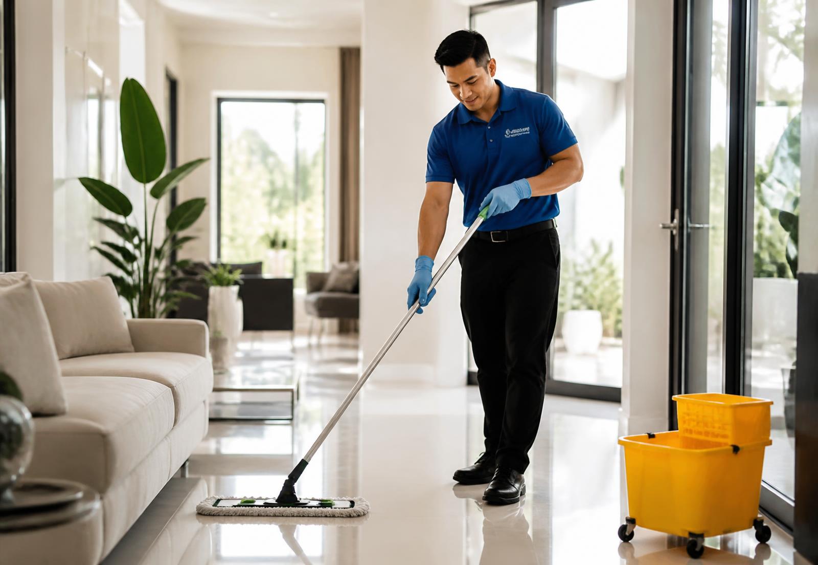 Sparkshine cleaning technician mopping a bright living room floor